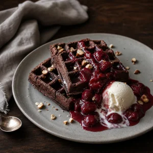 Chocolate waffles with cherry sauce, vanilla ice cream, and hazelnuts
