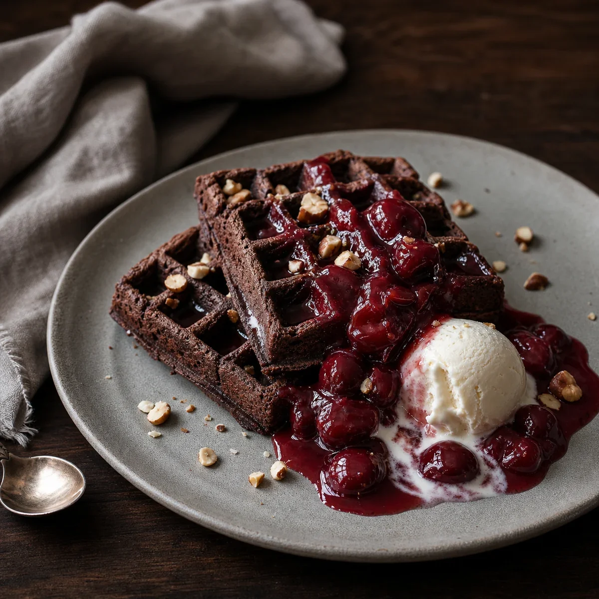 Waffles de chocolate com calda de cerejas, sorvete de baunilha e avelãs