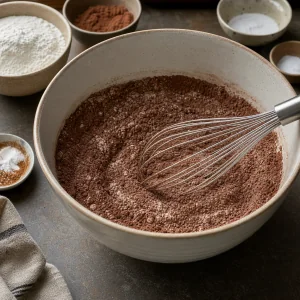 Ingredientes secos com cacau misturados em uma tigela