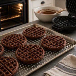 Waffles de chocolate prontos esfriando sobre uma grade