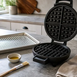 Máquina de waffles aberta com grade e assadeira prontas