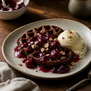 Waffle de chocolate servido com calda de cerejas e sorvete de baunilha