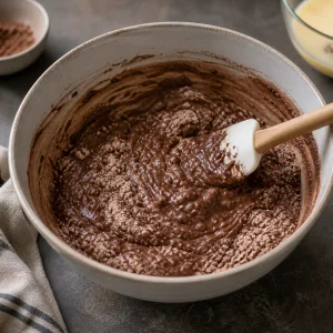 Massa grossa de waffle de chocolate sendo misturada em uma tigela
