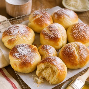 Butter-glazed coconut rolls dusted with powdered sugar