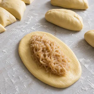 Coconut filling spooned onto an oval of dough