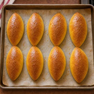 Eight golden egg-washed coconut rolls on a baking sheet