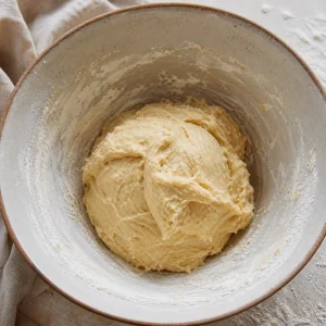 Soft sweet dough forming in a mixing bowl