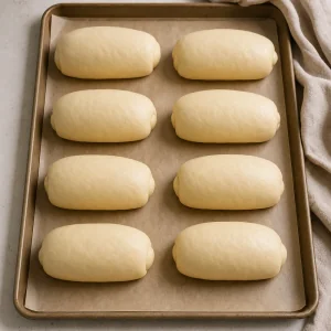Unbaked filled coconut rolls rising on parchment
