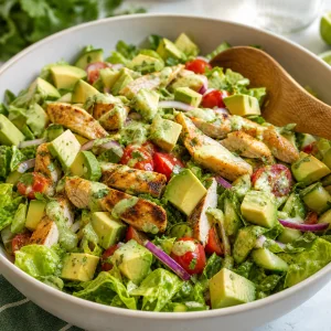 Avocado and sliced chicken added to the chopped salad