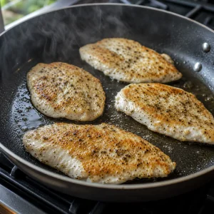 Chicken breast cutlets searing in a skillet