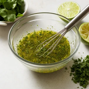Cilantro-lime dressing with a whisk in a glass bowl