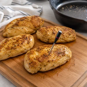 Cooked chicken breast cutlets resting on a cutting board