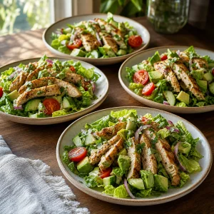 Four plates of chicken and avocado chopped salad