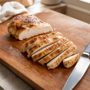 Golden chicken breast sliced into strips on a cutting board