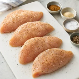 Seasoned raw chicken breast cutlets on a cutting board