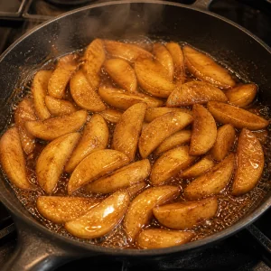 Apple slices sautéing in a glossy cinnamon glaze