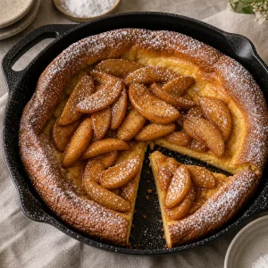 Cinnamon apple Dutch baby dusted with powdered sugar and cut into wedges