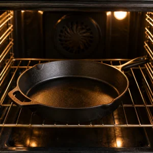 Empty cast-iron skillet preheating in the oven