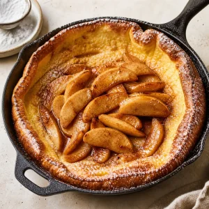 Finished cinnamon apple Dutch baby in a cast-iron skillet