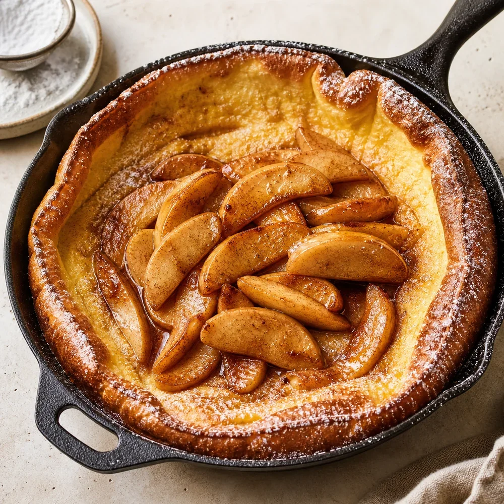 Finished cinnamon apple Dutch baby in a cast-iron skillet