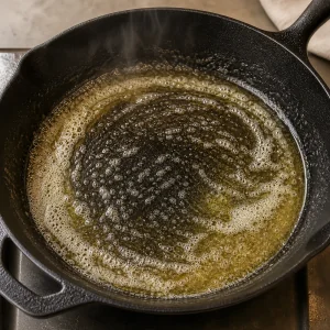 Melted butter coating a hot cast-iron skillet