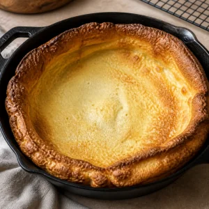 Puffed plain Dutch baby with browned edges in a skillet