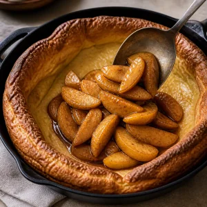 Warm cinnamon apples spooned into a puffed Dutch baby