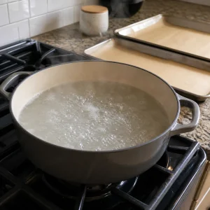 Baking soda water gently boiling in a wide pot