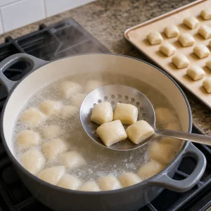 Pretzel dough bites boiling in a baking soda bath