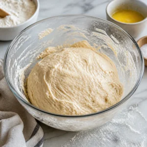 Soft pretzel dough pulling away from the mixing bowl