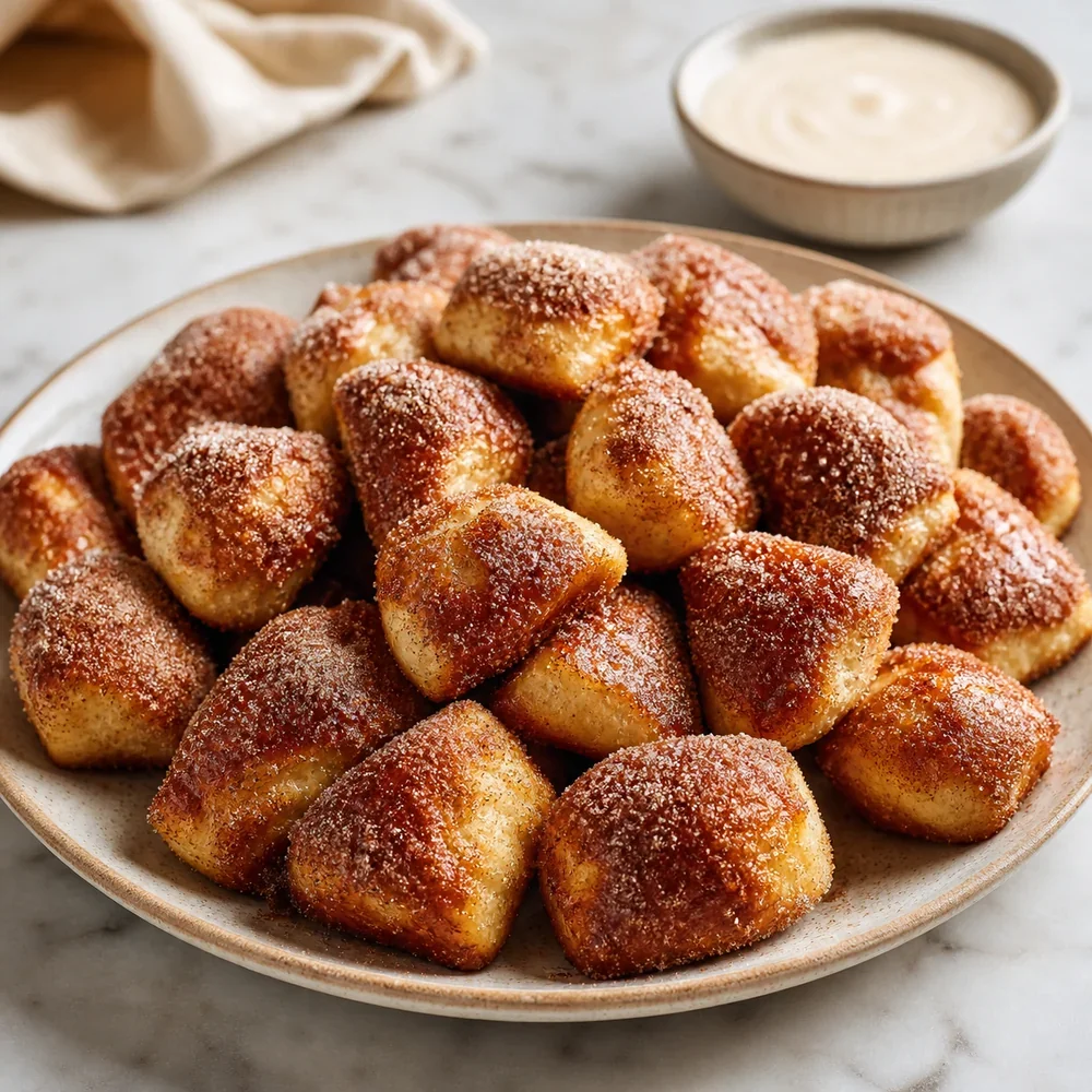 Warm cinnamon sugar soft pretzel bites on a plate