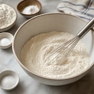 Ingredientes secos dos muffins misturados em uma tigela