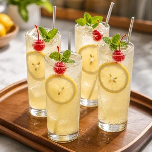Citrus Collins mocktails finis avec citron, cerise et menthe