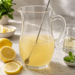 Jus de citron et sirop simple melanges dans un pichet transparent