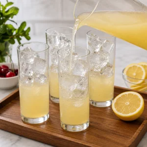 Melange citron-sirop verse dans des verres Collins avec glacons