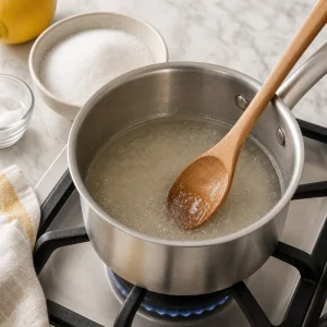 Sirop simple qui fremit dans une petite casserole
