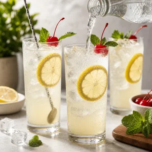 Eau gazeuse versee dans des Collins mocktails au citron