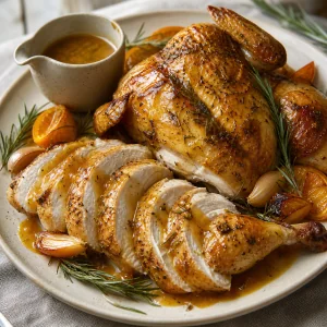 Frango assado cortado com chalotas e molho