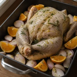 Frango disposto sobre chalotas e laranjas no tabuleiro