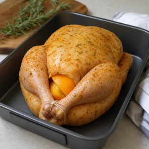 Frango recheado com quartos de laranja e atado com fio