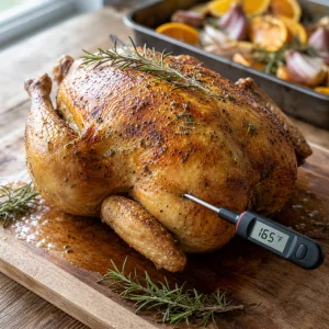 Frango assado em repouso com termómetro na coxa