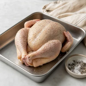 Frango inteiro temperado com sal e pimenta-preta