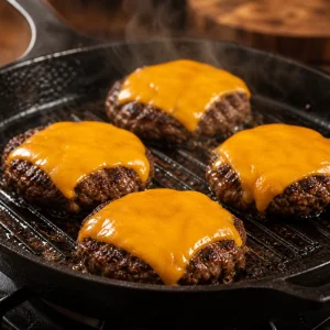 Cheddar cheese melting over seared burger patties