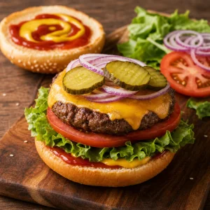 Open cheeseburger layered with lettuce, tomato, onion, and pickles