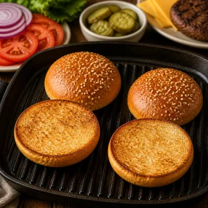 Sesame burger buns toasted golden on a grill pan