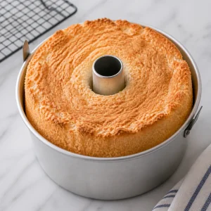 Baked angel food cake with a golden top in a tube pan.