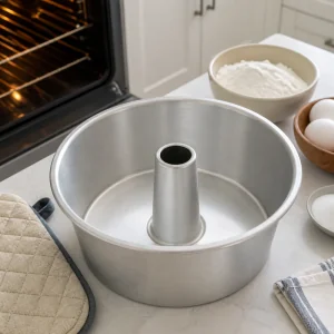 Clean ungreased tube pan ready for angel food cake batter.