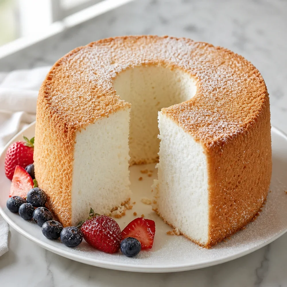 Finished angel food cake with a slice removed and fresh berries.