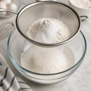 Flour and sugar being sifted into a mixing bowl.