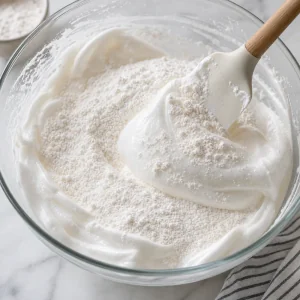 Flour mixture folded into whipped egg whites with a spatula.